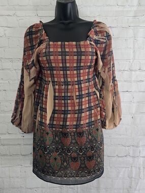 One Brown Peasant  Live Puff Sleeve Brown Prairie Boho Dress  Smocked